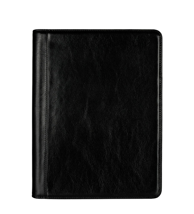 Time Resistance Something Fresh leather portfolio in black, front view on a white background