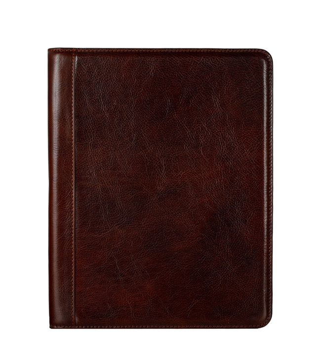 Time Resistance Something Fresh brown leather portfolio, closed and viewed from the front
