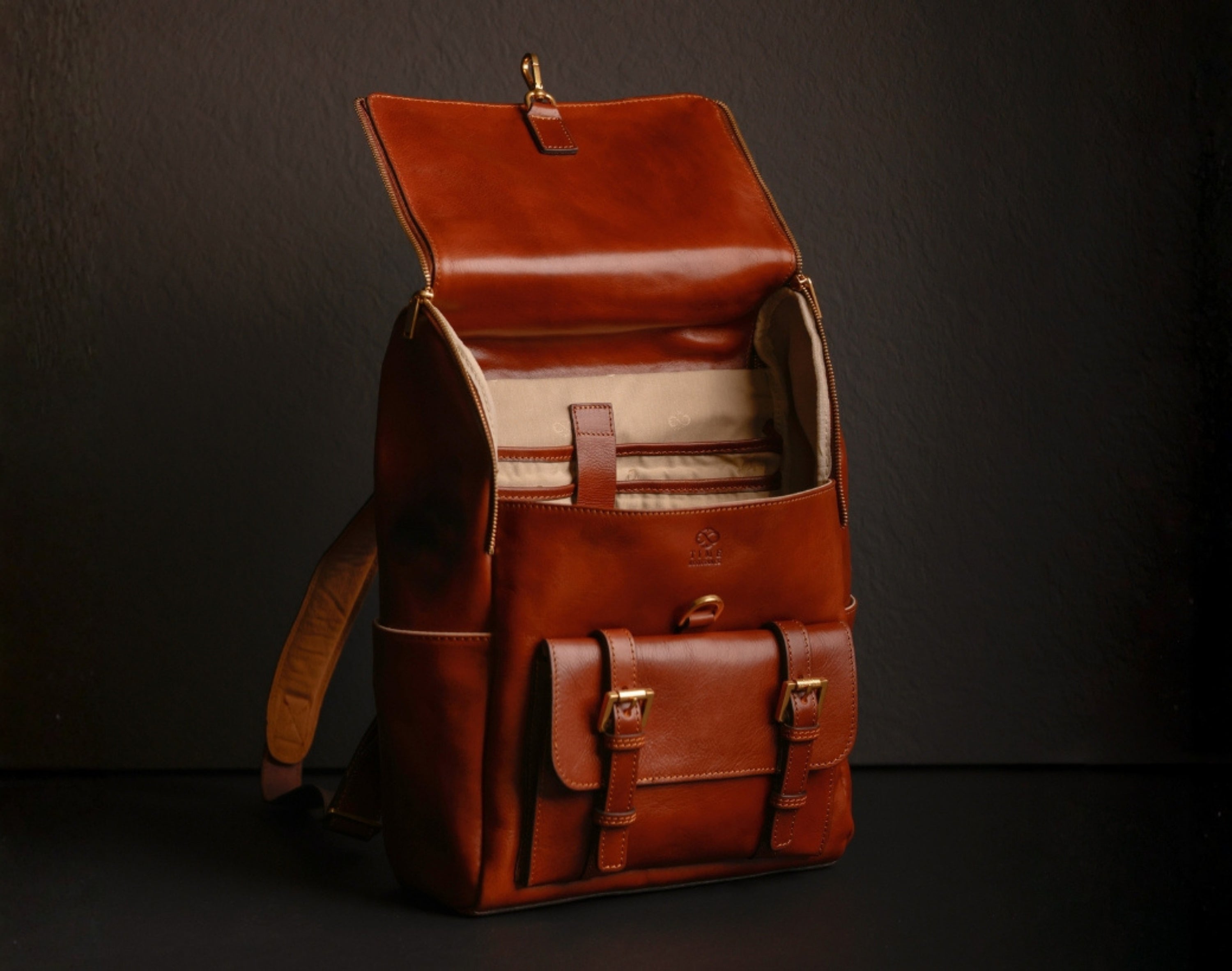 Open leather backpack interior
